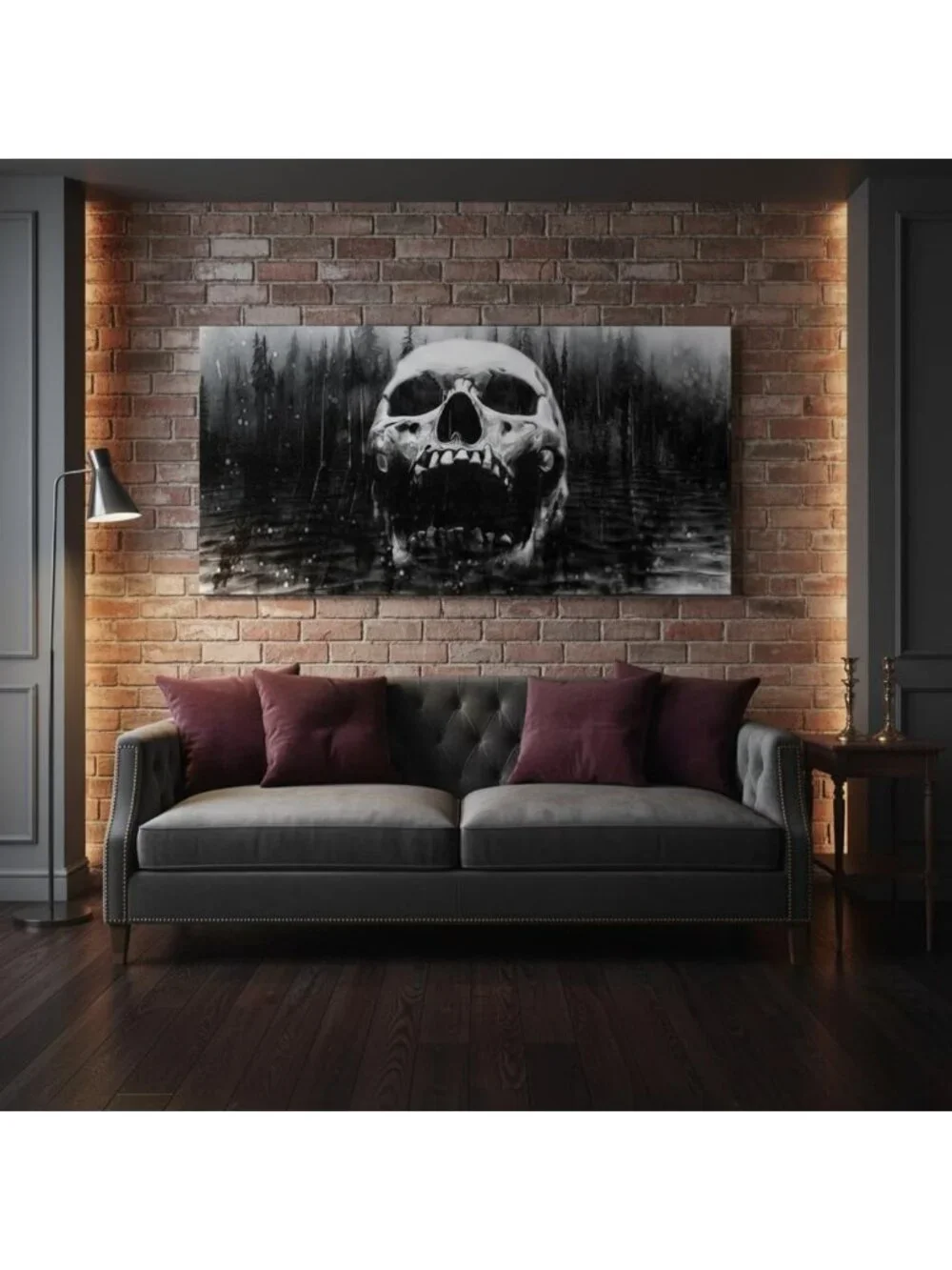 Large Gothic Skull Wall Art - Black & White Skeleton Canvas Decor 20x36